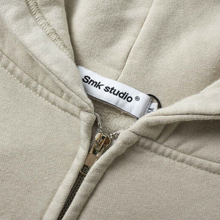 Retro Patchwork Zip Up Hoodie – Loose Fit interior label and zip detail for a stylish, casual look.