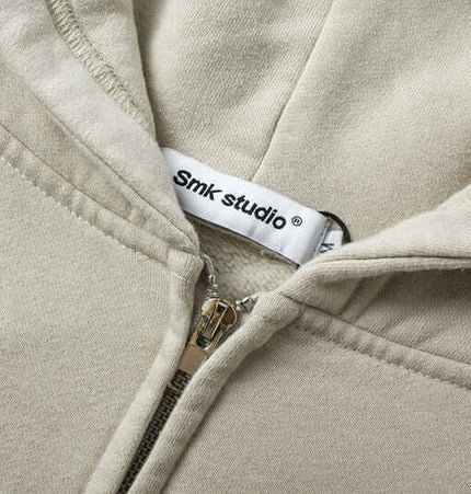 Retro Patchwork Zip Up Hoodie – Loose Fit interior label and zip detail for a stylish, casual look.