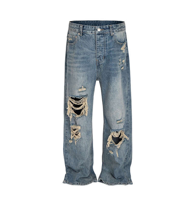 Distressed Hole Wide-Leg Denim Pants featuring bold ripped details and a relaxed silhouette for streetwear style.