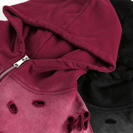 Tie-Dye Gradient Half-Zip Hoodie – Loose Fit featuring distressed details in burgundy and black colors.