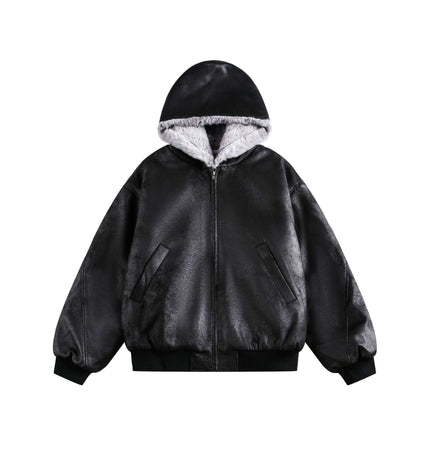Crack Pattern Leather Jacket – Loose Fit with hood in black color, featuring a modern oversized silhouette.