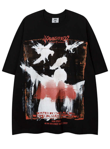 Model wearing White crow graphic short sleeve by Grozavu