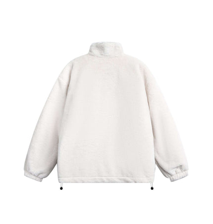 Back view of a Casual Cartoon Lamb Fleece Jacket in off-white with a stand-up collar and soft fleece fabric.