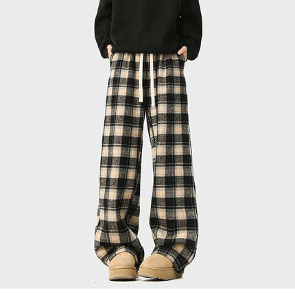 Fleece-Lined Winter Pants - Loose Fit in plaid pattern suitable for winter layering and casual daily wear.