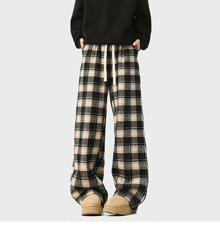 Fleece-Lined Winter Pants - Loose Fit in plaid pattern suitable for winter layering and casual daily wear.