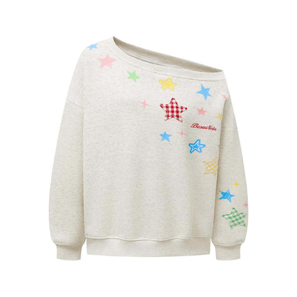 Slanted Shoulder Retro Graffiti Hoodie with colorful star graphics and relaxed fit, perfect for casual autumn wear.