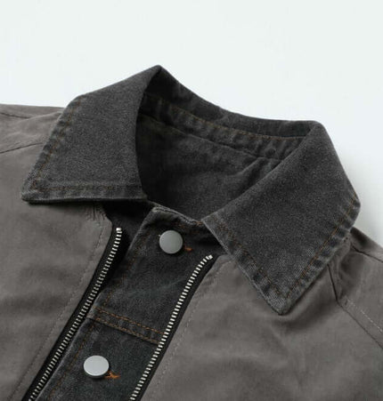 Workwear Cotton Jacket - Loose Fit with flip collar and splicing details, showcasing retro-inspired style.