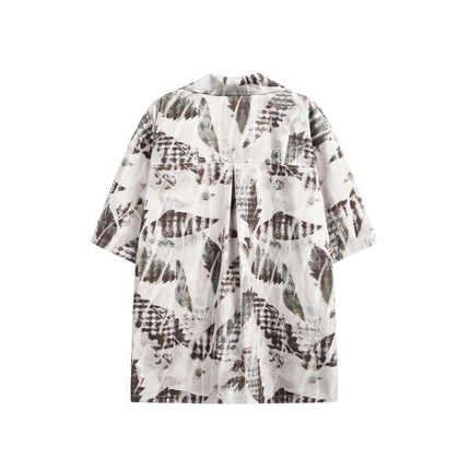 Oil Painting Print Shirt - Loose Fit with artistic leaf pattern on a lightweight background, perfect for casual wear.