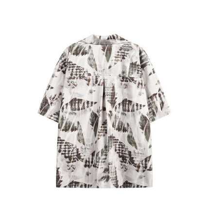 Oil Painting Print Shirt - Loose Fit with artistic leaf pattern on a lightweight background, perfect for casual wear.