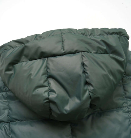 Color-Block Down Jacket – Loose Fit hood view showcasing the green color-blocked design.