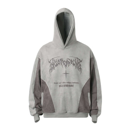 Patchwork High Neck Hoodie – Loose Fit in gray with graphic print and unique panel design.