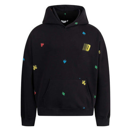 Casual Fit Plum Blossom Retro Hoodie with colorful designs on a black background, featuring a kangaroo pocket and hood.