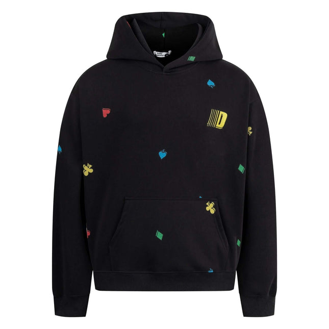 Casual Fit Plum Blossom Retro Hoodie with colorful designs on a black background, featuring a kangaroo pocket and hood.