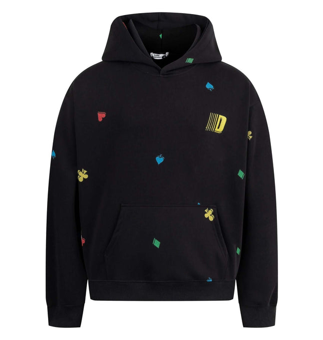 Casual Fit Plum Blossom Retro Hoodie with colorful designs on a black background, featuring a kangaroo pocket and hood.
