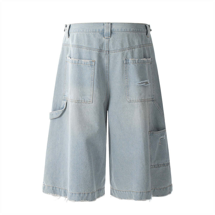 Blue hole washed denim shorts pants with Grozavu logo