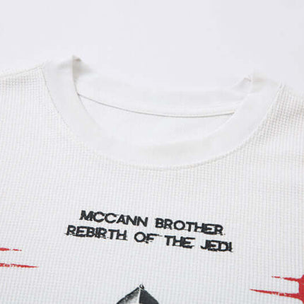 Casual Loose Waffle Knit Top featuring a unique print and comfortable crew neck design.