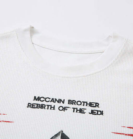 Casual Loose Waffle Knit Top featuring a unique print and comfortable crew neck design.