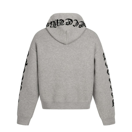 Back view of Letter Jacquard Knit Hoodie – Loose Fit in soft gray with bold jacquard pattern on sleeves.