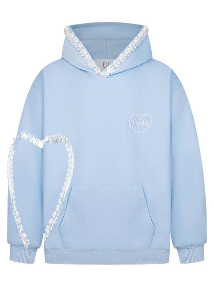 Model wearing Flower Gray heart shaped lace hooded sweatshirt by Grozavu