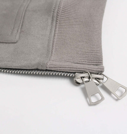 Faux Suede Print Zip-Up Hoodie – Loose Fit showing the detailed zipper and fabric texture.