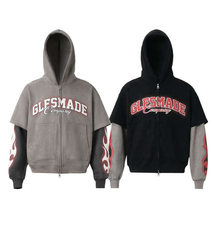 Faux Suede Print Zip-Up Hoodie – Loose Fit in gray and black with bold logo design and flame detail.