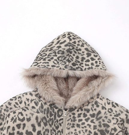Leopard Print Velvet Jacket - Loose Fit with hood and fluffy collar for winter comfort.