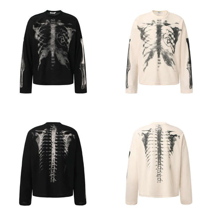 Dark Skeleton Print Hoodie – Loose Fit showcasing front and back designs in black and cream colors.