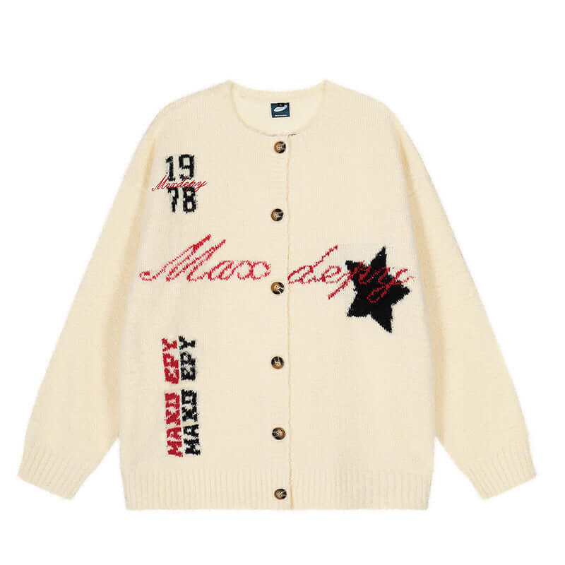 Model wearing Apricot jacquard knit sweater by Grozavu