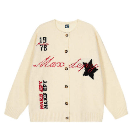 Model wearing Apricot jacquard knit sweater by Grozavu