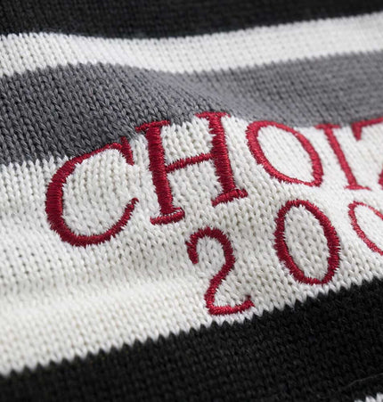 Color-Block Letter Knit Sweater - Loose Fit with embroidered CHOIZE 2000 and bold stripe design