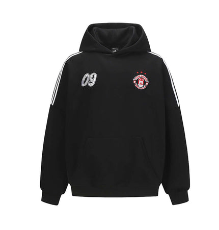 Casual Pullover Sports Hoodie - Relaxed Fit in black with logo and striped sleeves