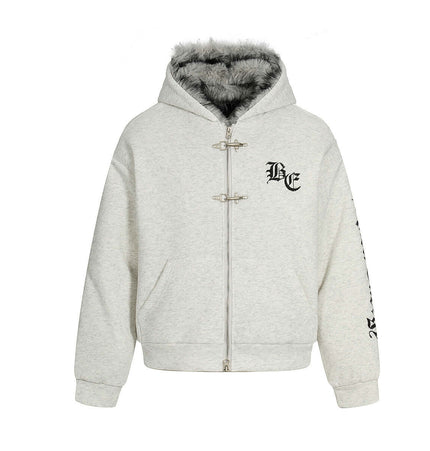 Velvet Hooded Jacket - Loose Fit in light gray with faux fur lining and zipper front closure for casual winter style.