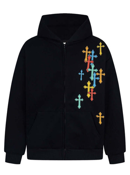 Gray cross hooded cardigan sweatshirt with Grozavu logo