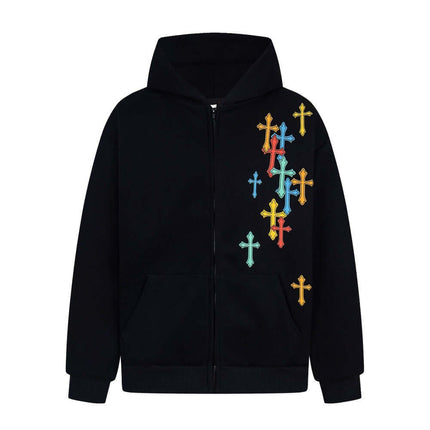 Gray cross hooded cardigan sweatshirt with Grozavu logo