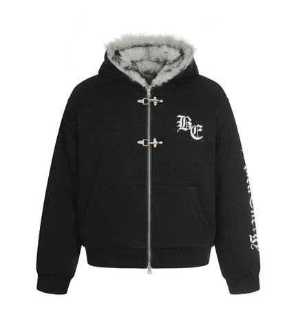 Velvet Hooded Jacket - Loose Fit with faux fur lining and zipper front, perfect for casual comfort and streetwear style.