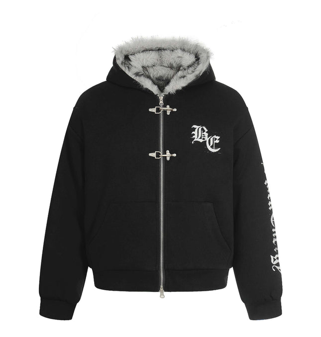 Velvet Hooded Jacket - Loose Fit with faux fur lining and zipper front, perfect for casual comfort and streetwear style.