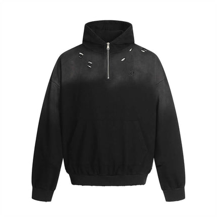 Tie-Dye Gradient Half-Zip Hoodie – Loose Fit with distressed details and gradient design, perfect for casual wear.