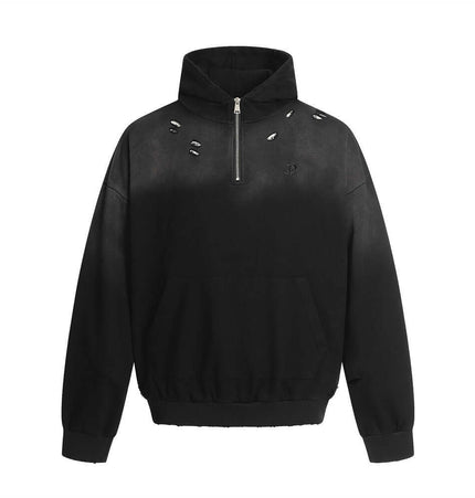 Tie-Dye Gradient Half-Zip Hoodie – Loose Fit with distressed details and gradient design, perfect for casual wear.