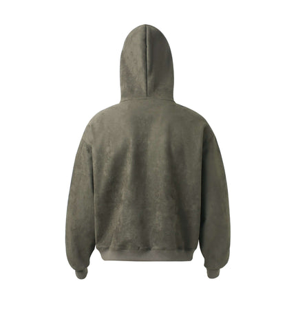 Faux Suede Printed Hoodie – Loose Fit, back view, showcasing the soft suede texture and casual loose fit.