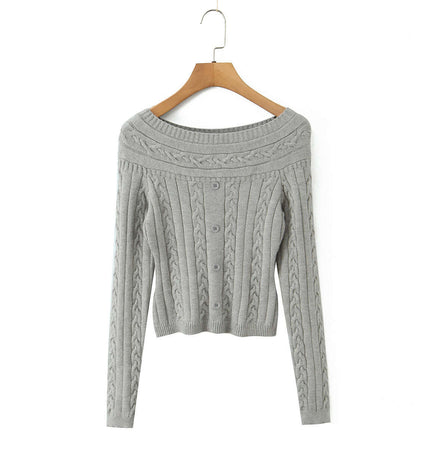 Off-Shoulder Twists Slim Knit Sweater in gray, featuring a playful cable knit design and a slim-fit silhouette.