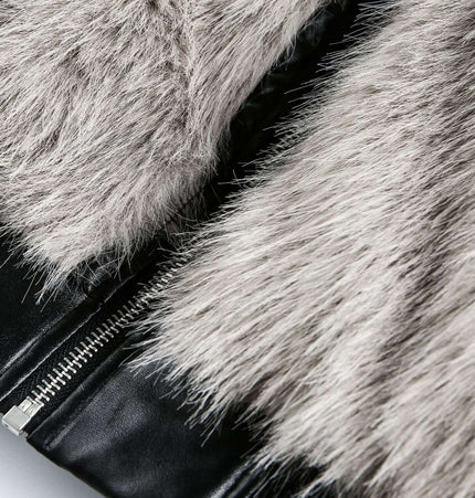 Close-up view of the faux fur and leather details on the Oversized Reversible Hooded Parka.