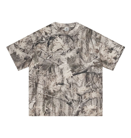 Camouflage Drop-Shoulder TShirt – Loose Fit featuring a bold branch camouflage pattern and an oversized design.