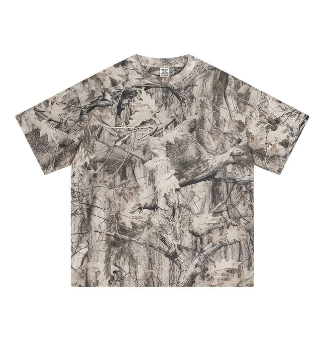 Camouflage Drop-Shoulder TShirt – Loose Fit featuring a bold branch camouflage pattern and an oversized design.