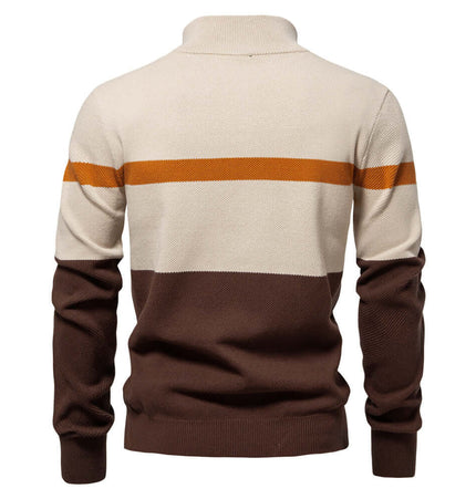 Stand Collar Half-Zip Knit Sweater in color-blocked design showing back view, perfect for autumn style.