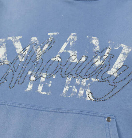 Washed Rhinestone Letter Hoodie – Loose Fit featuring blue fabric with rhinestone lettering.