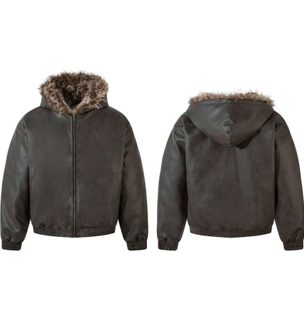 Wool Collar PU Pilot Jacket – Loose Fit, featuring a cozy hood and plush fur detail, ideal for winter fashion.