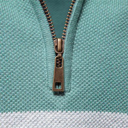 Stand Collar Half-Zip Knit Sweater featuring a detailed zipper and textured fabric in a stylish color-block design.