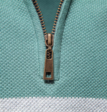 Stand Collar Half-Zip Knit Sweater featuring a detailed zipper and textured fabric in a stylish color-block design.