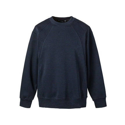 Round Neck Patchwork Pullover Hoodie in navy blue, featuring long sleeves and a relaxed fit for casual comfort.