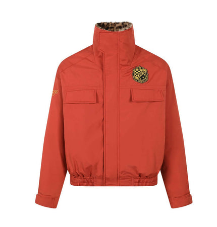 Leopard Style Fur Collar Jacket – Loose Fit in vibrant red with plush fur collar and a relaxed fit design.